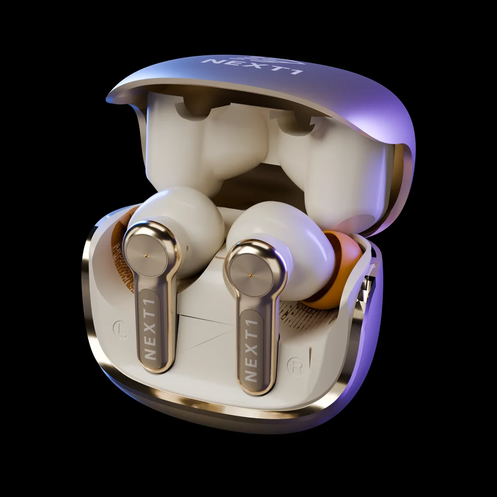 NEXT1 earbuds in the open charging case