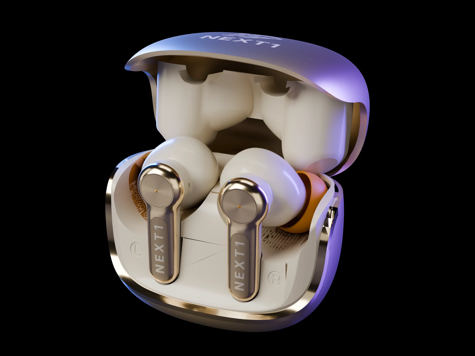 The open NEXT1 case with one earbud lifted out, shown in Champagne Gold.