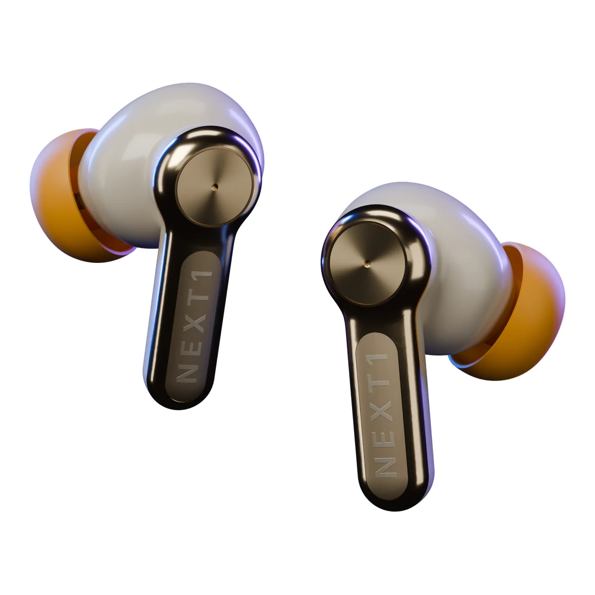 A pair of NEXT1 earbuds: cream shells, brushed-gold stems and orange ear tips