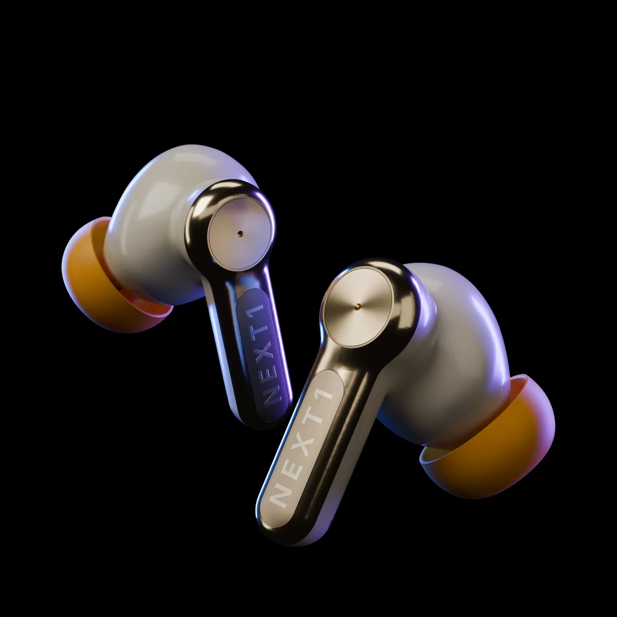 A pair of NEXT1 earbuds floating at an angle