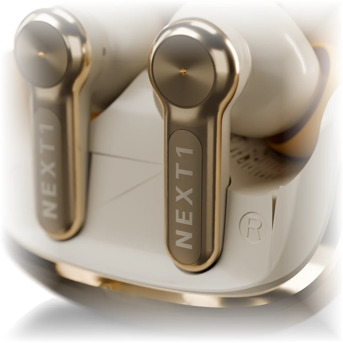 The engraved gold stems of both NEXT1 earbuds, where the touch controls sit