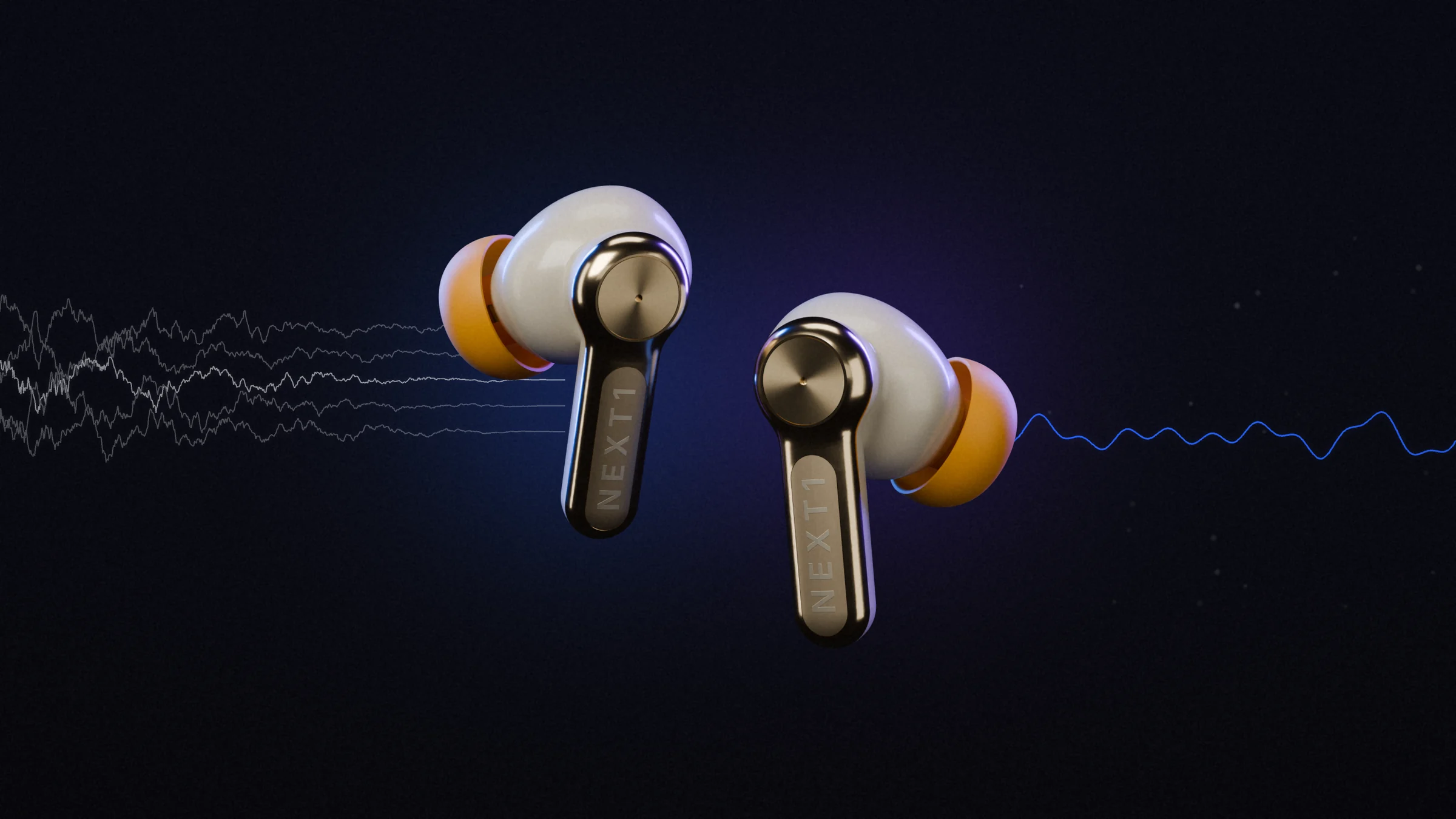 Two floating NEXT1 earbuds: noisy waves flatten on one side, a clean voice wave on the other.