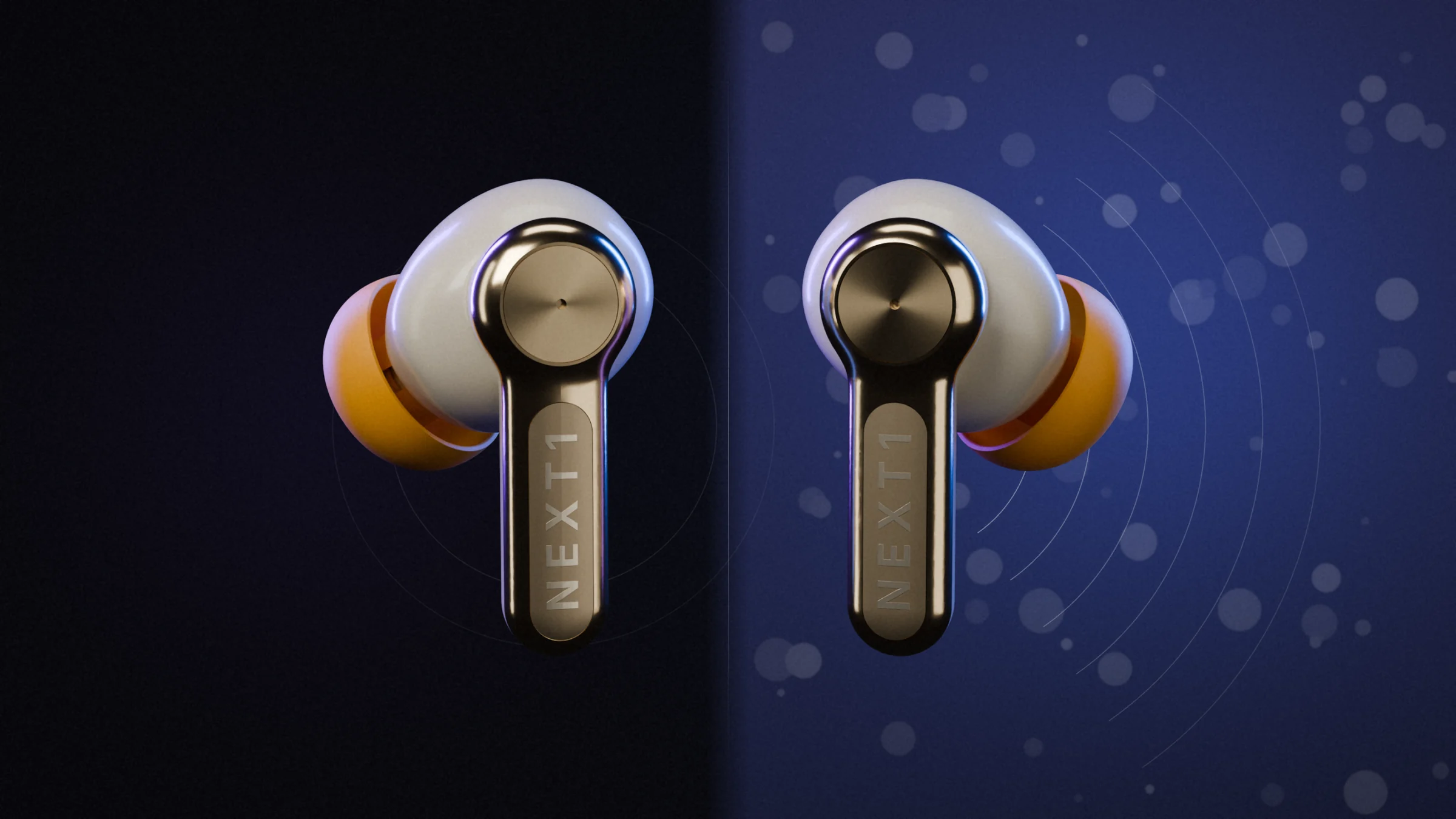 Two NEXT1 earbuds split across a quiet dark zone and a bright, open zone.