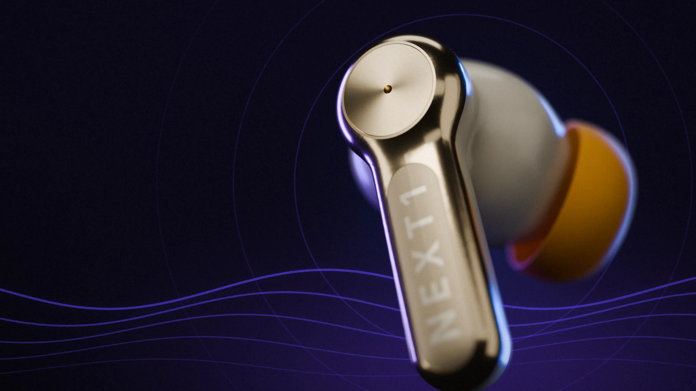 A NEXT1 earbud from below with deep purple bass waves.