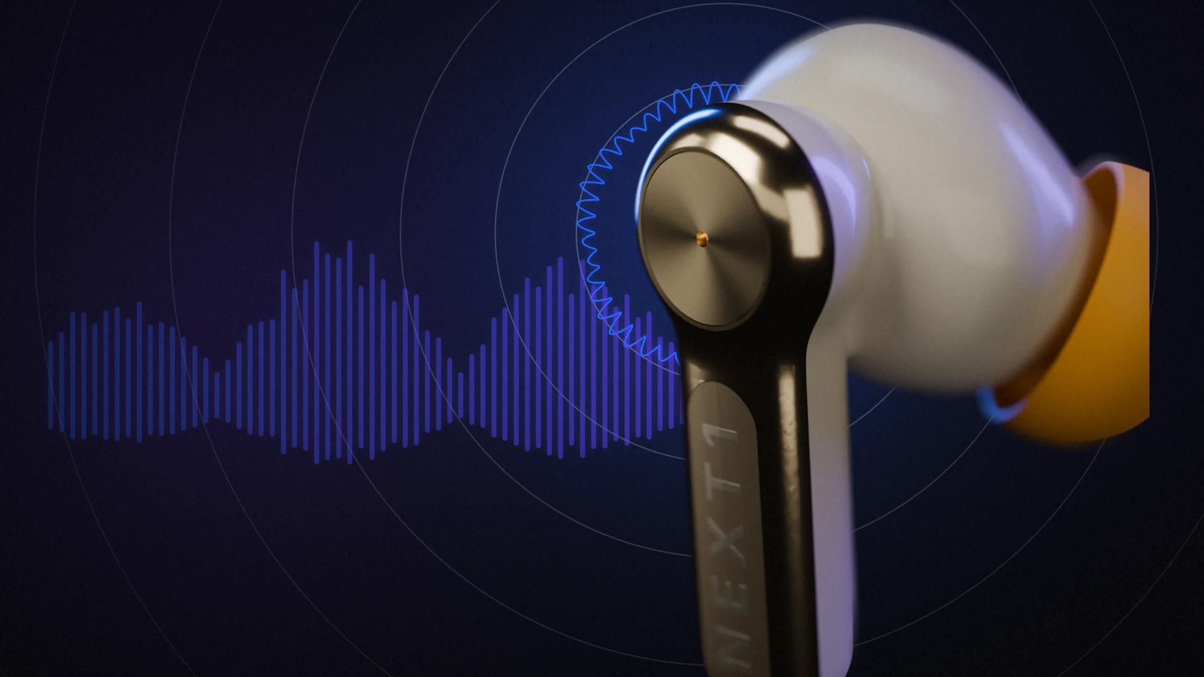 Close-up of the NEXT1 faceplate inside a circular audio-wave ring.