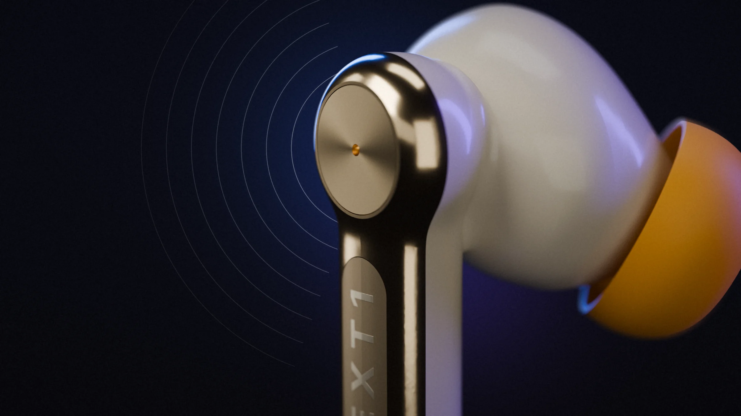 Macro of a NEXT1 earbud's gold faceplate and stem with soft sound-wave arcs around it.
